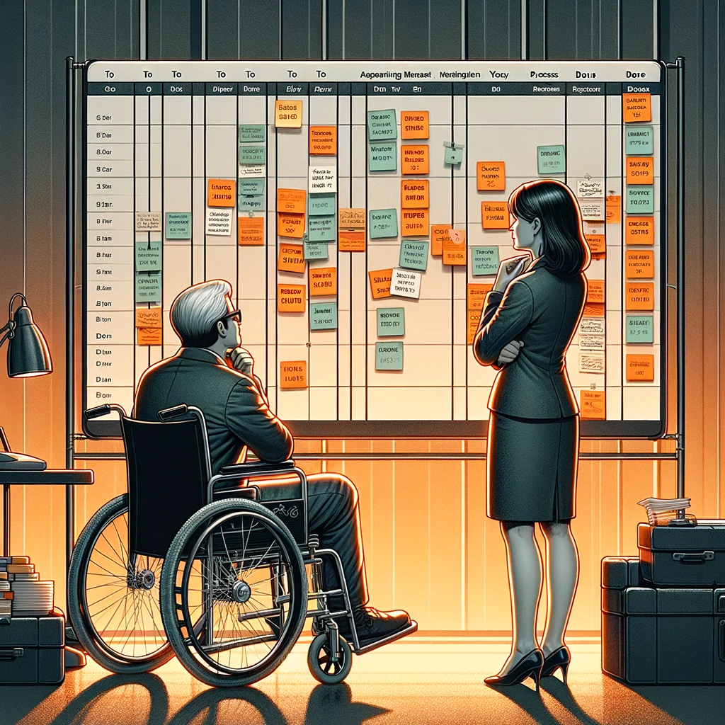 Two people looking at a kanban board as part of Agile delivery