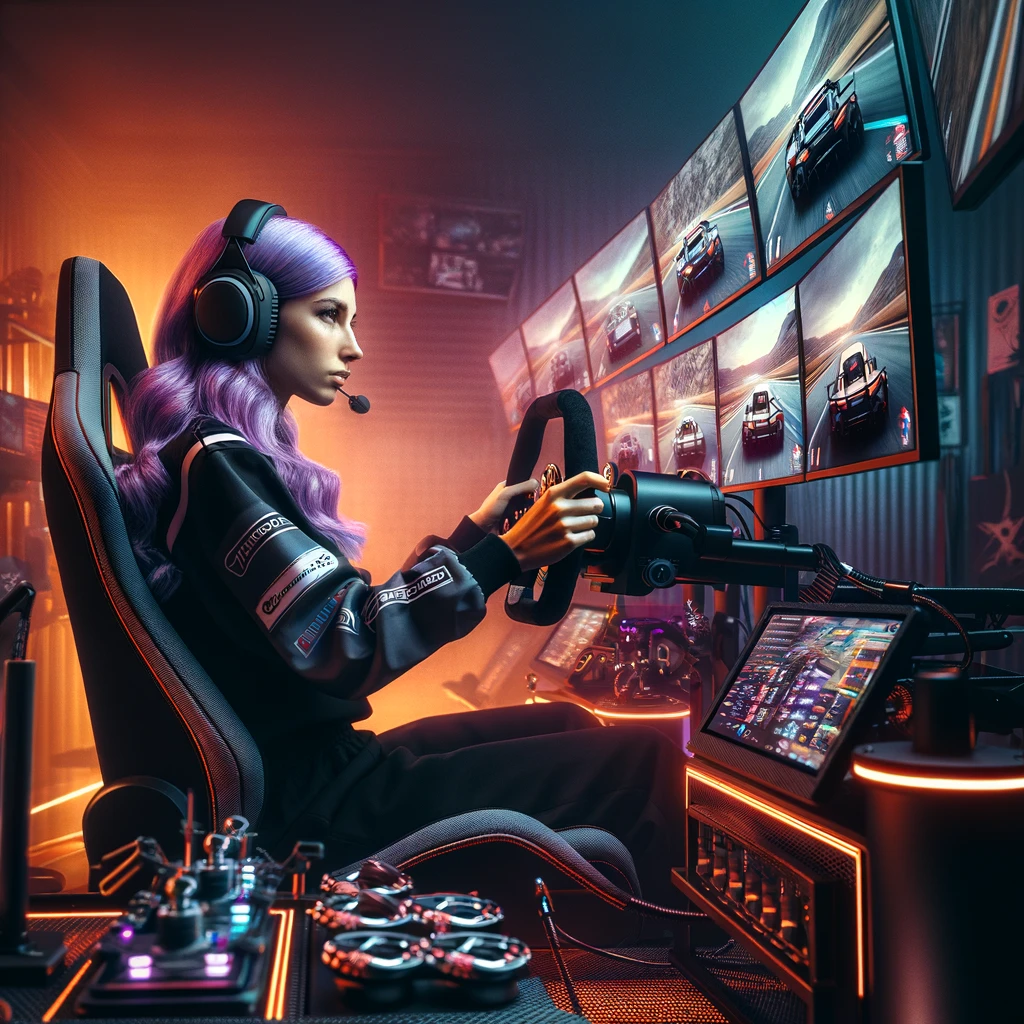 A female sitting in a gaming rig, playing a driving game