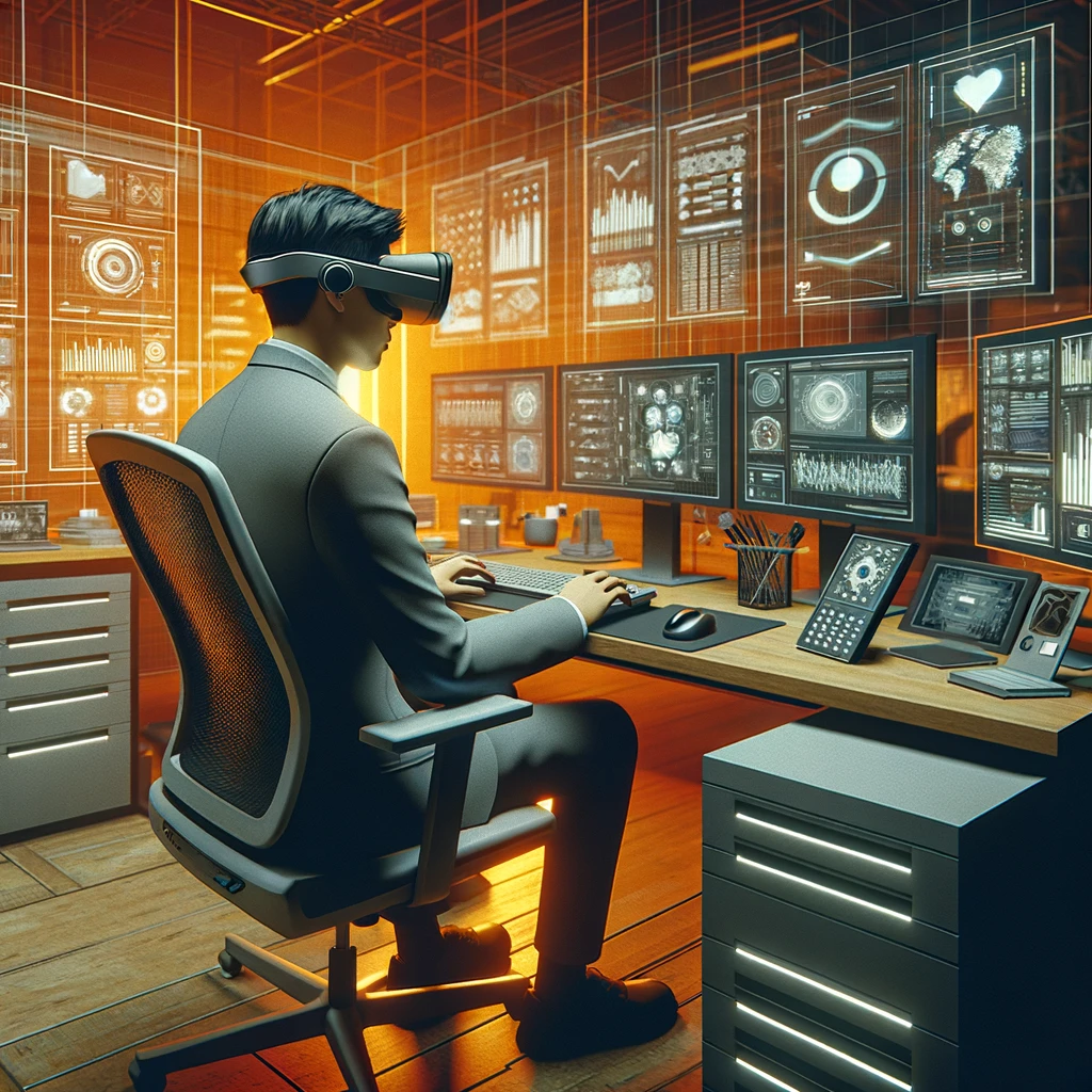 An office worker sat at their desk, wearing a virtual reality headset and surrounded by technology