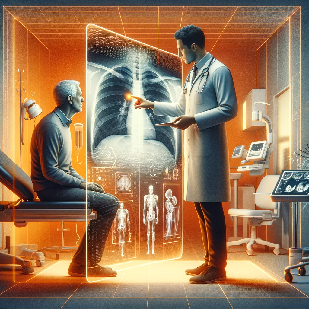 Image showcasing a healthcare setting where technology is at the forefront, featuring a doctor and a patient looking at virtual X-ray